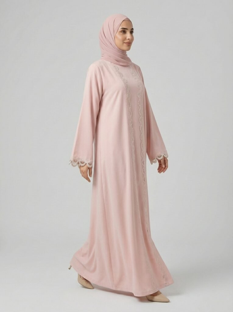 Blush Pink Scalloped Lace Trim Open Front Abaya
