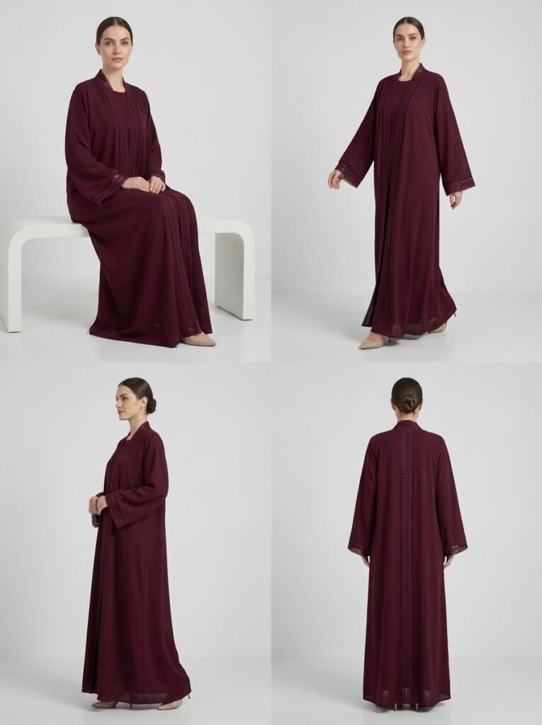 Burgundy Geometric Lace Trim Open Front Abaya