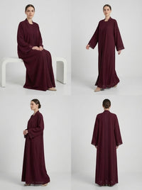 Burgundy Geometric Lace Trim Open Front Abaya
