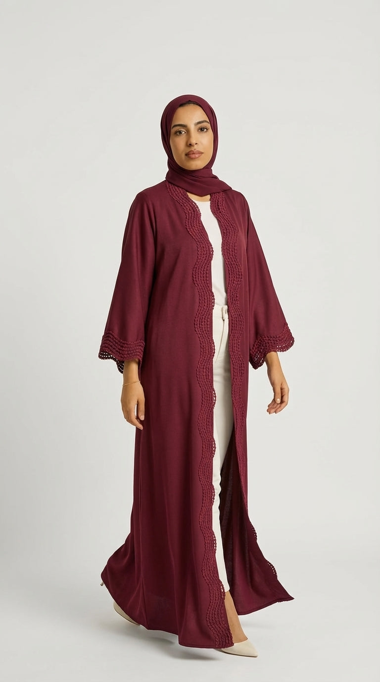 Maroon Open-Front Abaya with Scalloped Trim