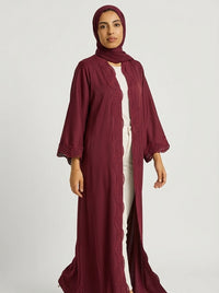 Maroon Open-Front Abaya with Scalloped Trim