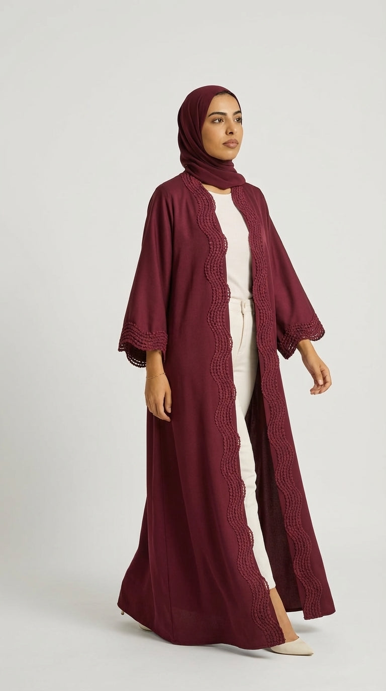 Maroon Open-Front Abaya with Scalloped Trim