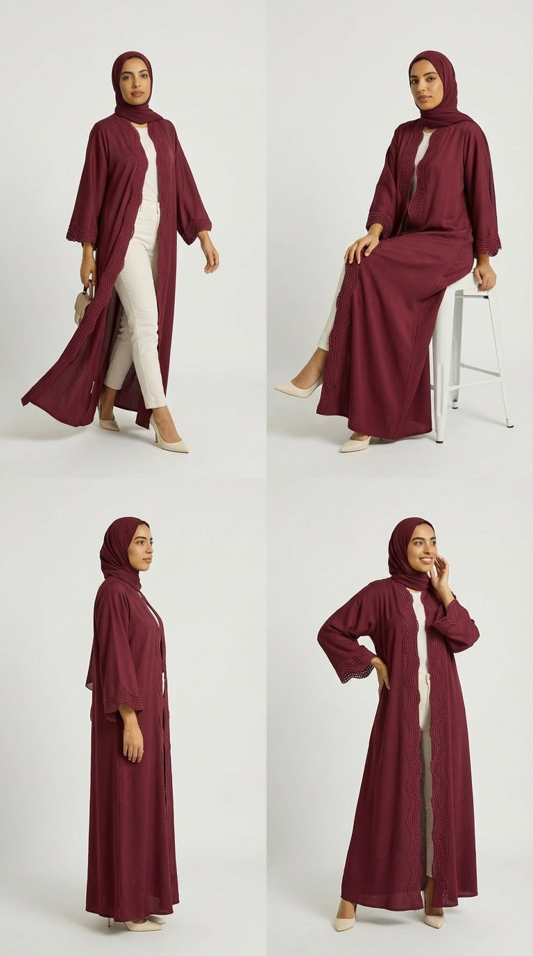 Maroon Open-Front Abaya with Scalloped Trim