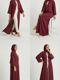 Maroon Open-Front Abaya with Scalloped Trim