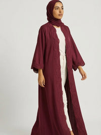 Maroon Open-Front Abaya with Scalloped Trim