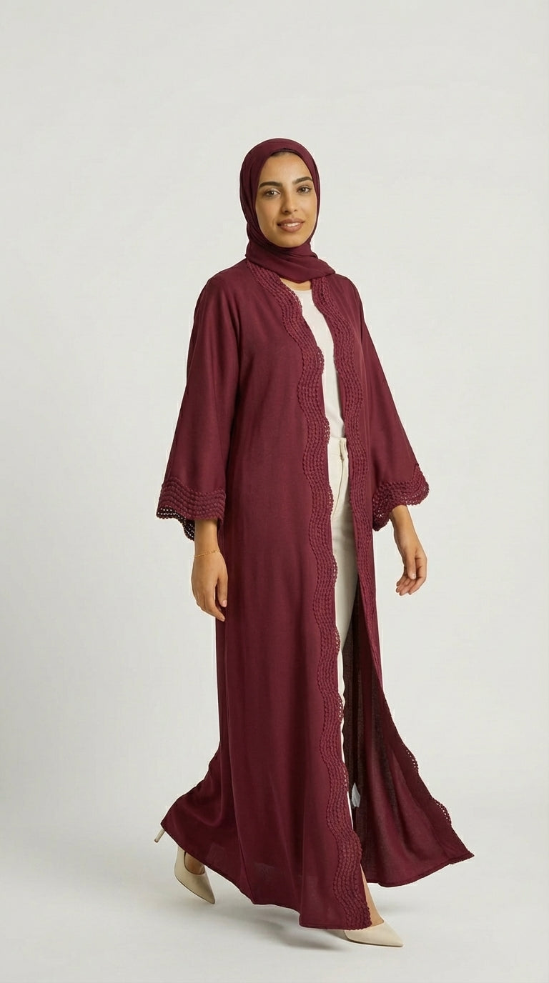 Maroon Open-Front Abaya with Scalloped Trim