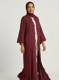 Maroon Open-Front Abaya with Scalloped Trim