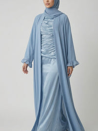 Serene Powder Blue Abaya Set with Ruched Inner Dress & Ruffled Sleeves