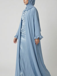 Serene Powder Blue Abaya Set with Ruched Inner Dress & Ruffled Sleeves