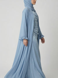 Serene Powder Blue Abaya Set with Ruched Inner Dress & Ruffled Sleeves