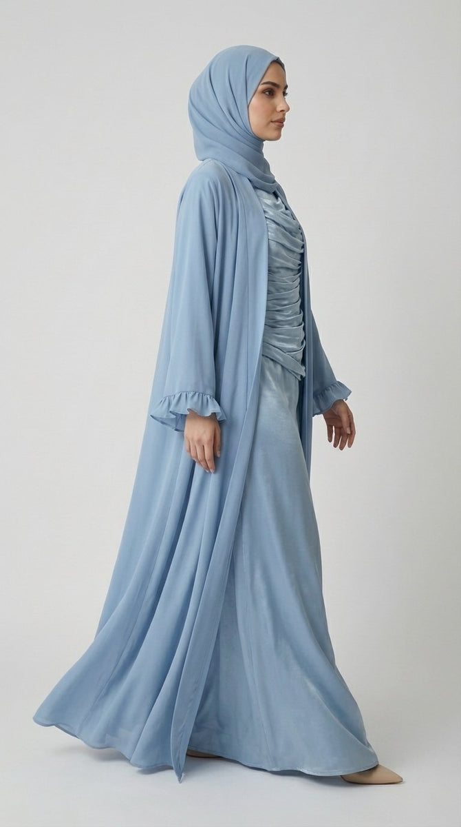 Serene Powder Blue Abaya Set with Ruched Inner Dress & Ruffled Sleeves