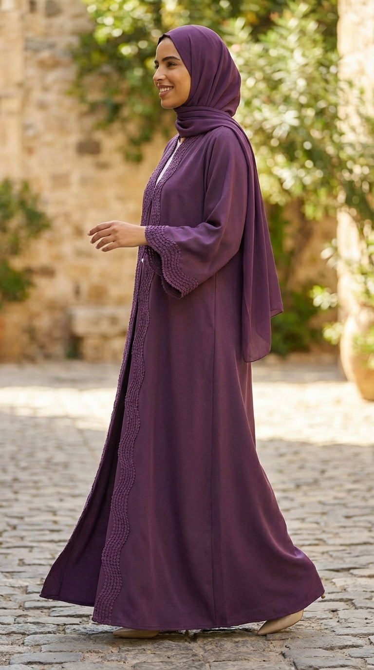 Deep Purple Open-Front Abaya with Scalloped Trim