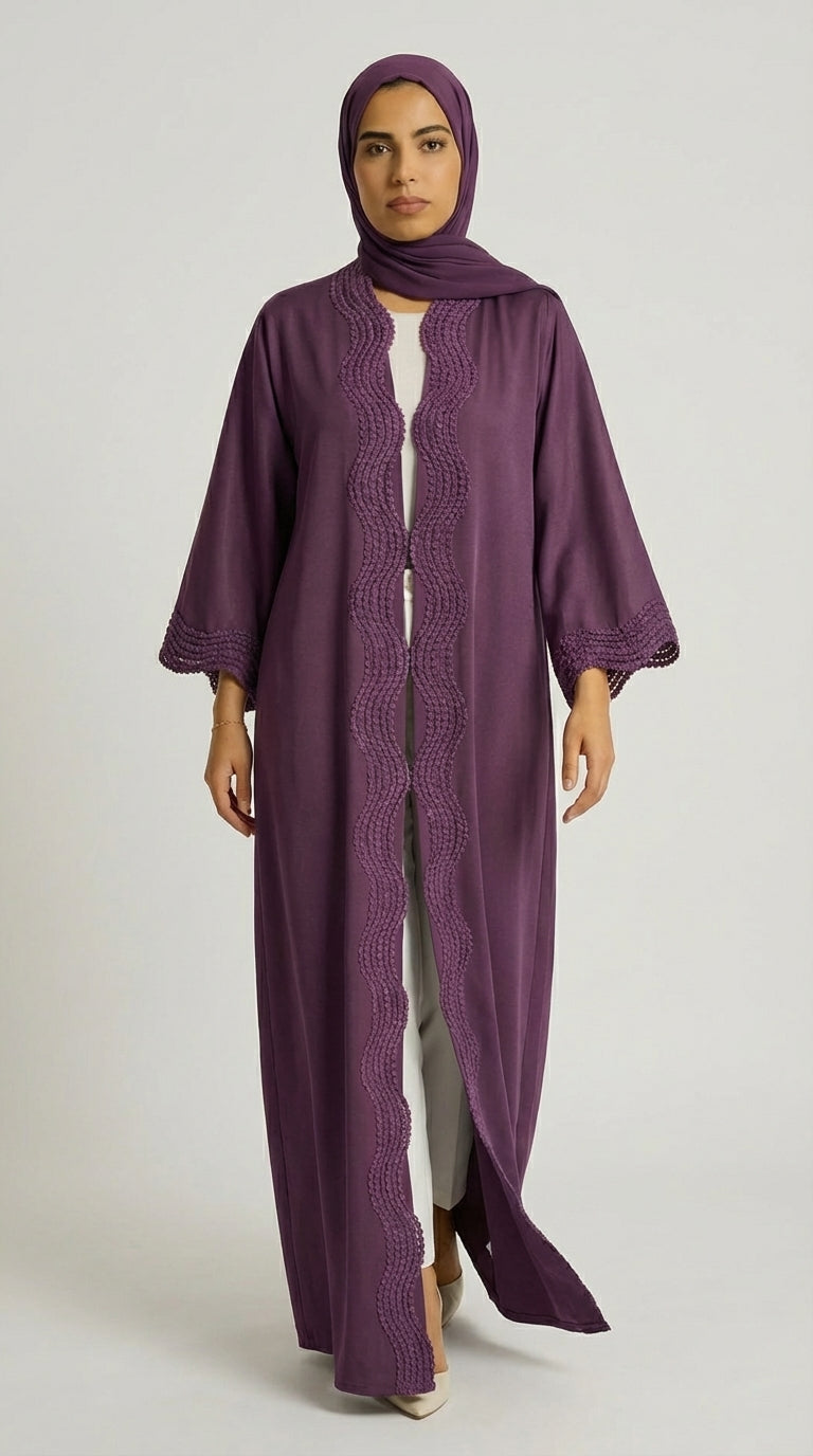 Deep Purple Open-Front Abaya with Scalloped Trim