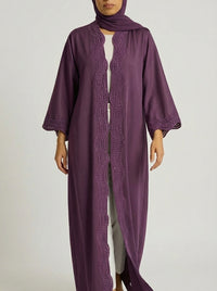 Deep Purple Open-Front Abaya with Scalloped Trim
