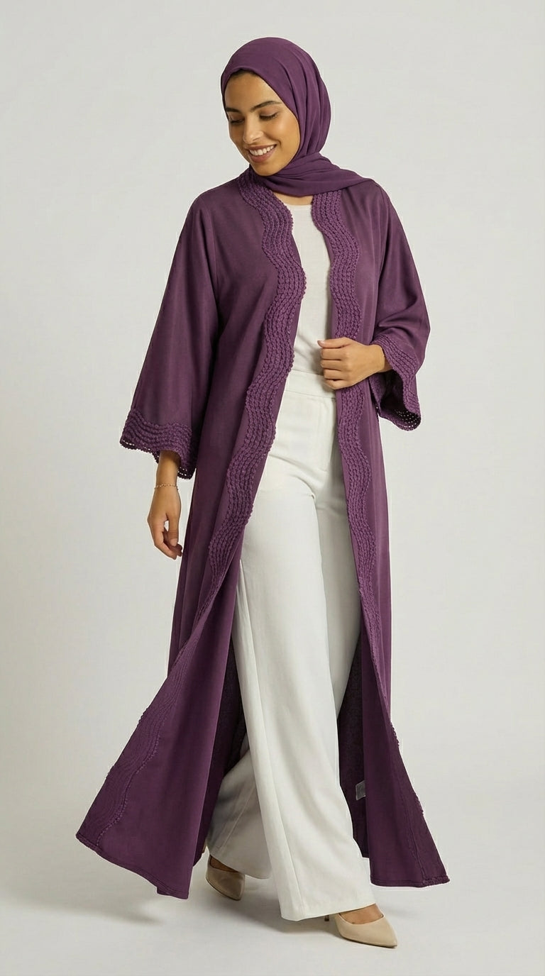 Deep Purple Open-Front Abaya with Scalloped Trim