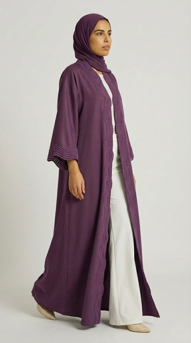 Deep Purple Open-Front Abaya with Scalloped Trim