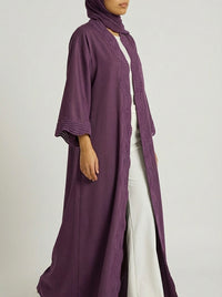 Deep Purple Open-Front Abaya with Scalloped Trim