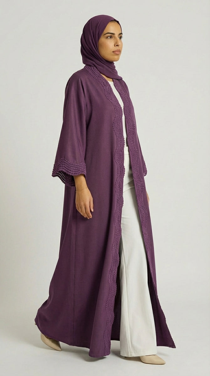 Deep Purple Open-Front Abaya with Scalloped Trim