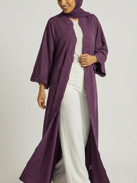 Deep Purple Open-Front Abaya with Scalloped Trim