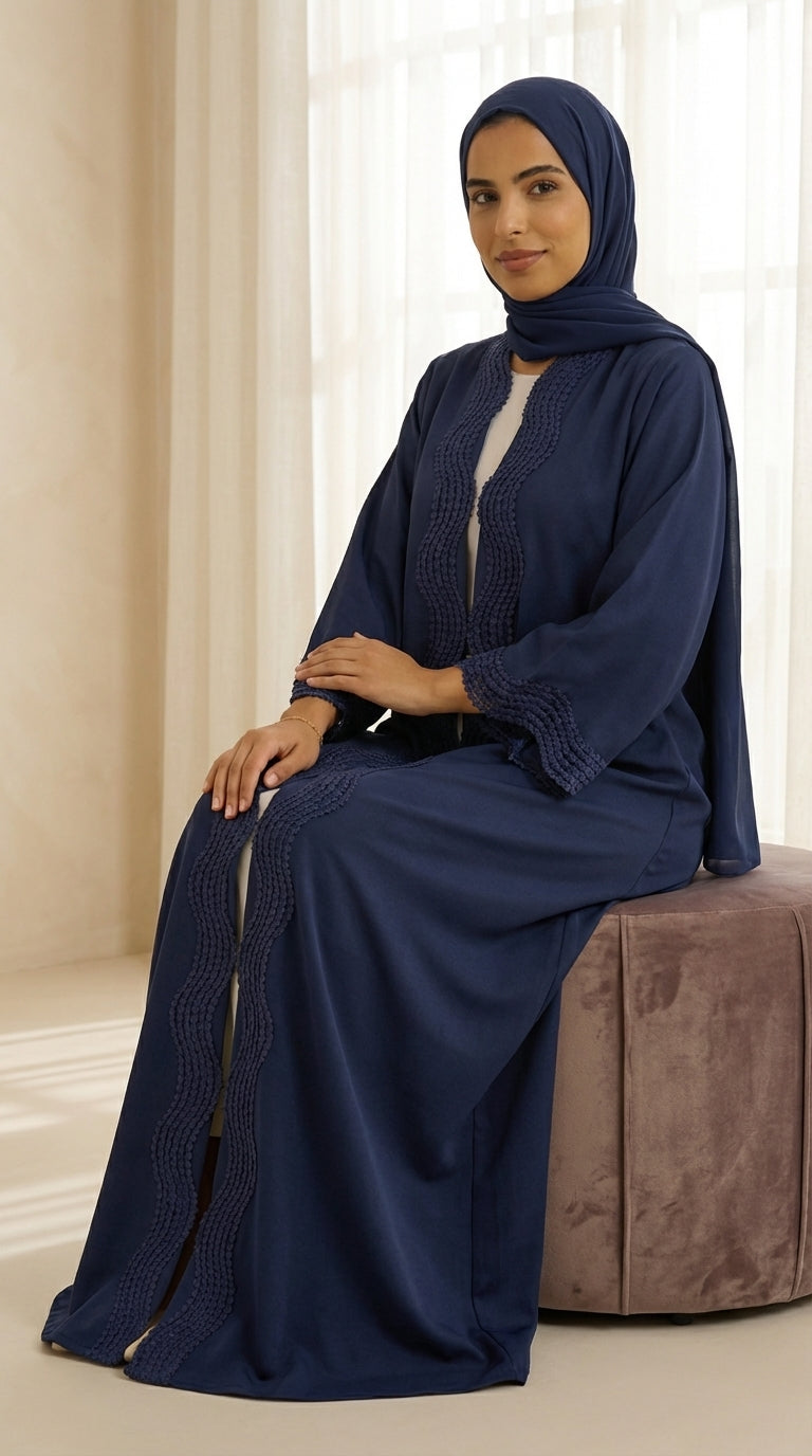 Navy Blue Open-Front Abaya with Scalloped Trim