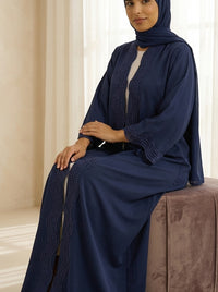 Navy Blue Open-Front Abaya with Scalloped Trim