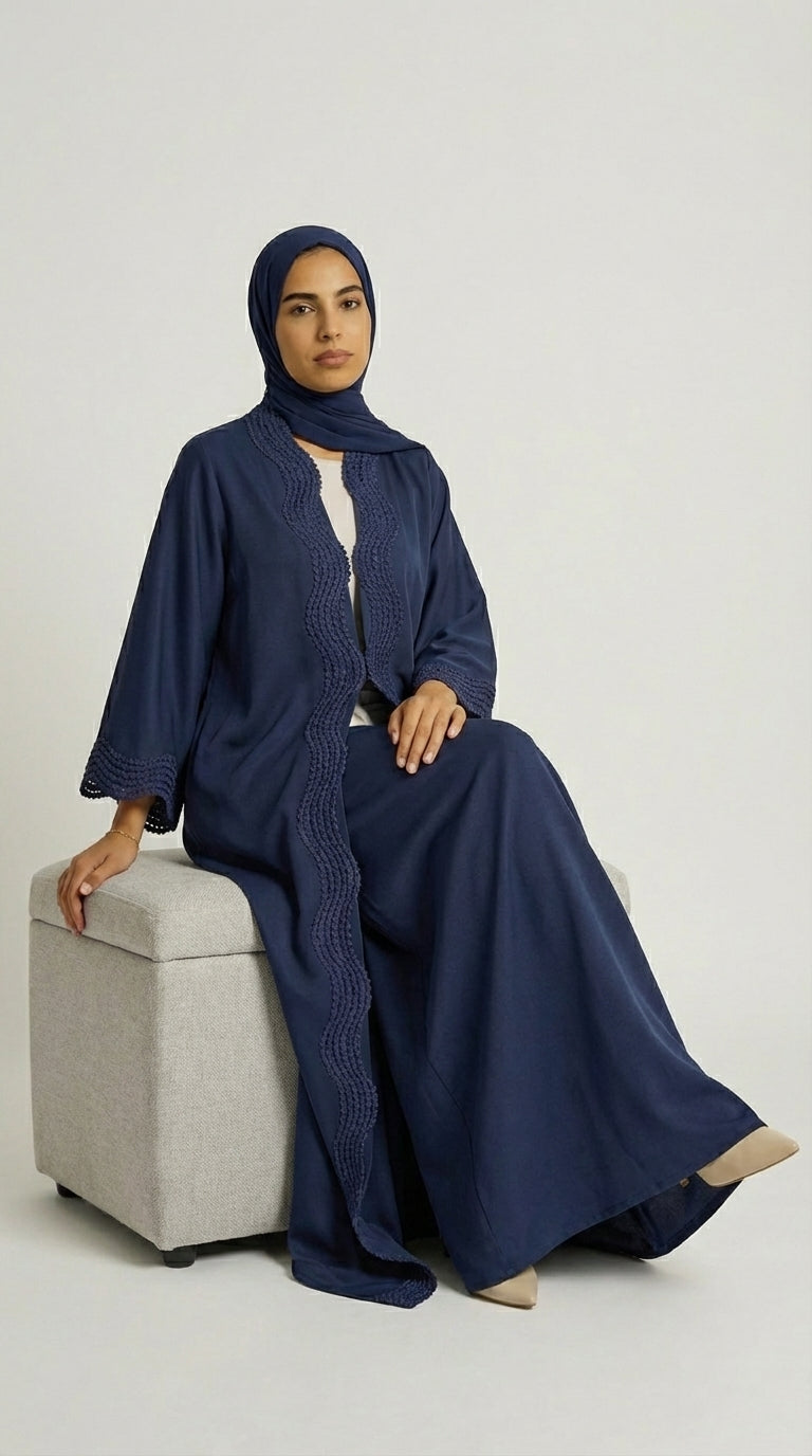 Navy Blue Open-Front Abaya with Scalloped Trim