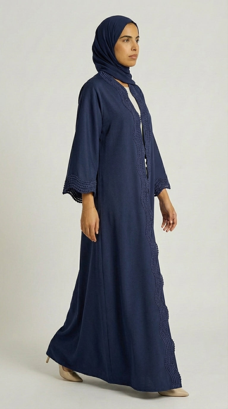Navy Blue Open-Front Abaya with Scalloped Trim