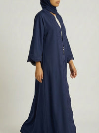 Navy Blue Open-Front Abaya with Scalloped Trim