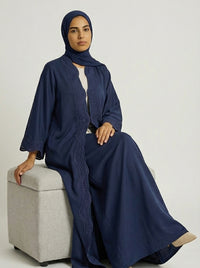 Navy Blue Open-Front Abaya with Scalloped Trim