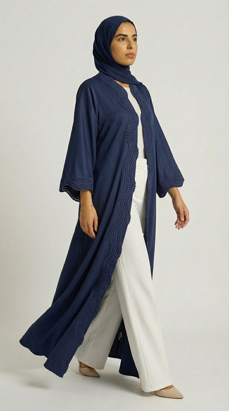 Navy Blue Open-Front Abaya with Scalloped Trim