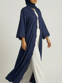 Navy Blue Open-Front Abaya with Scalloped Trim