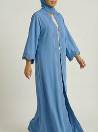 Sky Blue Open-Front Abaya with Scalloped Trim