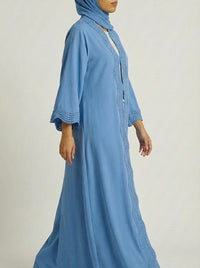 Sky Blue Open-Front Abaya with Scalloped Trim