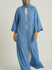 Sky Blue Open-Front Abaya with Scalloped Trim