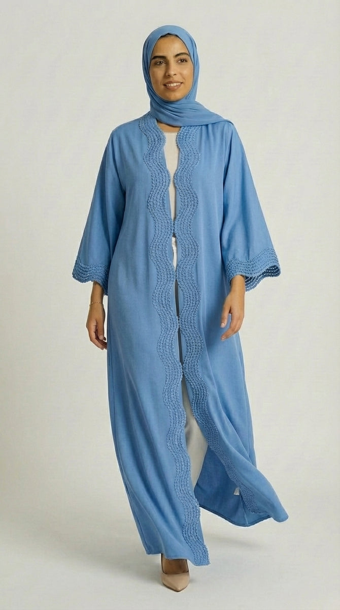 Sky Blue Open-Front Abaya with Scalloped Trim