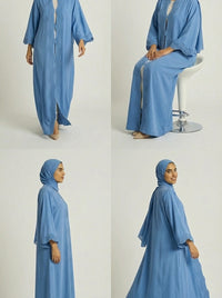Sky Blue Open-Front Abaya with Scalloped Trim