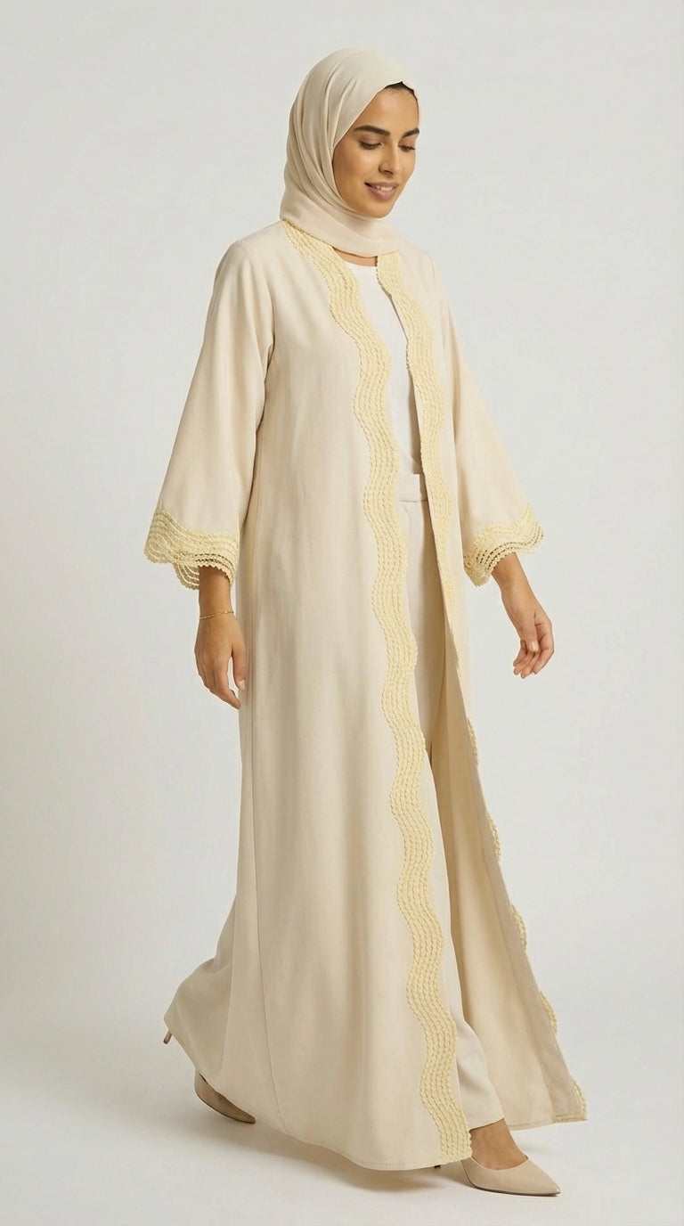 Beige Open-Front Abaya with Scalloped Trim.