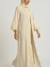 Beige Open-Front Abaya with Scalloped Trim.