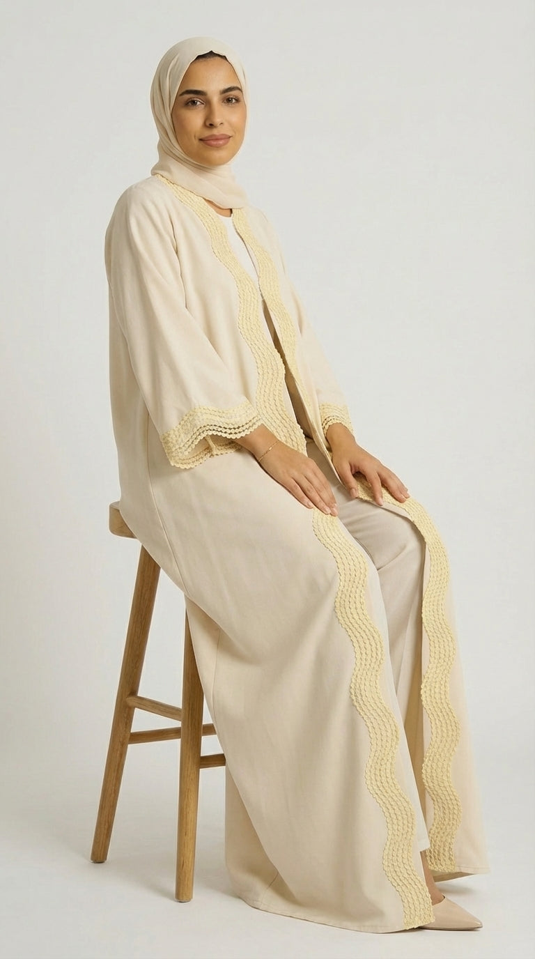 Beige Open-Front Abaya with Scalloped Trim.