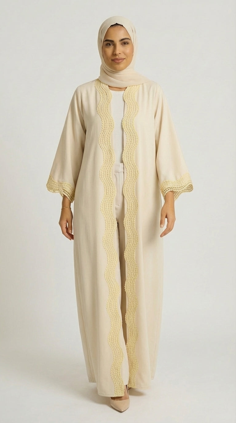 Beige Open-Front Abaya with Scalloped Trim.