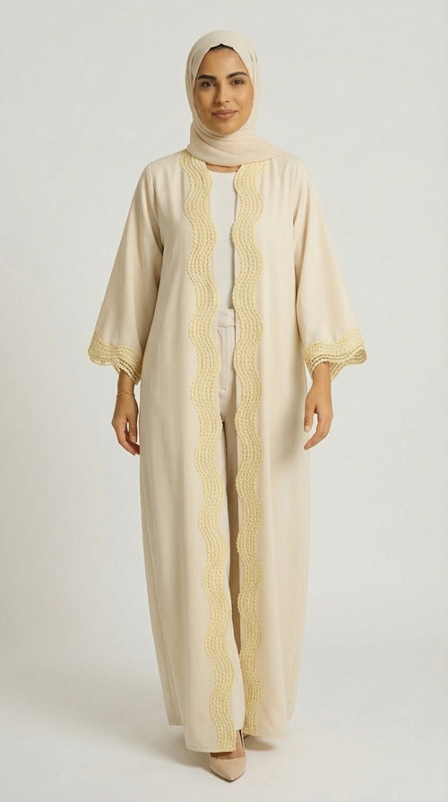 Beige Open-Front Abaya with Scalloped Trim.