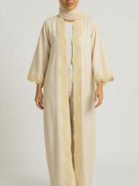 Beige Open-Front Abaya with Scalloped Trim.
