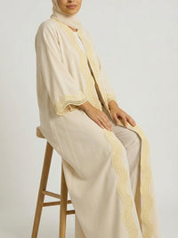 Beige Open-Front Abaya with Scalloped Trim.