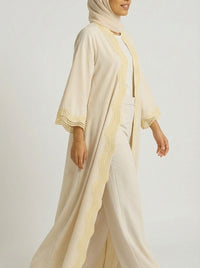 Beige Open-Front Abaya with Scalloped Trim.