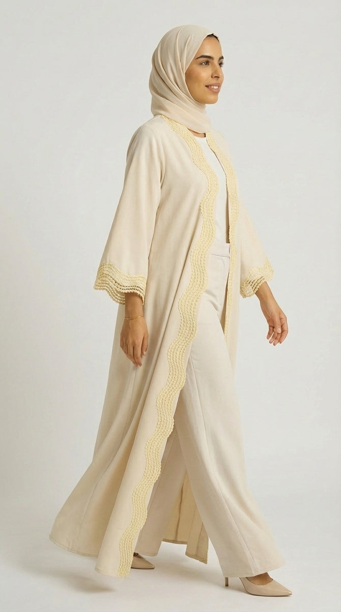 Beige Open-Front Abaya with Scalloped Trim.