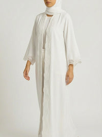 White Open-Front Abaya with Scalloped Trim.