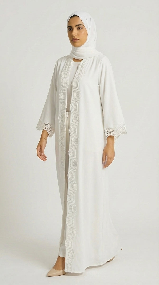 White Open-Front Abaya with Scalloped Trim.