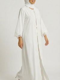White Open-Front Abaya with Scalloped Trim.