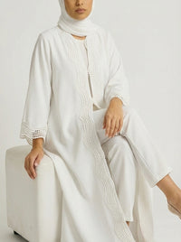White Open-Front Abaya with Scalloped Trim.