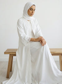 White Open-Front Abaya with Scalloped Trim.